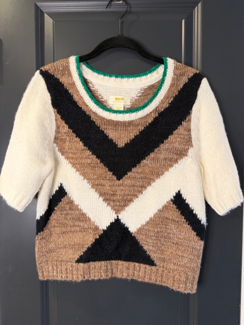 Anthropologie Cream, Brown & Black Geometric Short-Sleeve Sweater